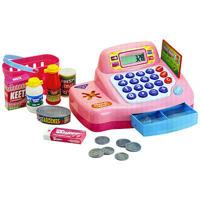 Игровой набор "Кассовый аппарат", цвет: розовый аппарат, корзинка, продукты, деньги, карточка инфо 11673d.