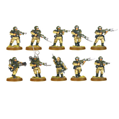 Набор миниатюр "Warhammer 40 000" Кадианские Ударные войска Имперской Гвардии 10 миниатюр, подставки под миниатюры инфо 573e.