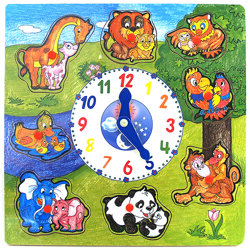 Развивающая игра "Часы-животные" Игровое поле, 8 фигурок животных инфо 5590e.